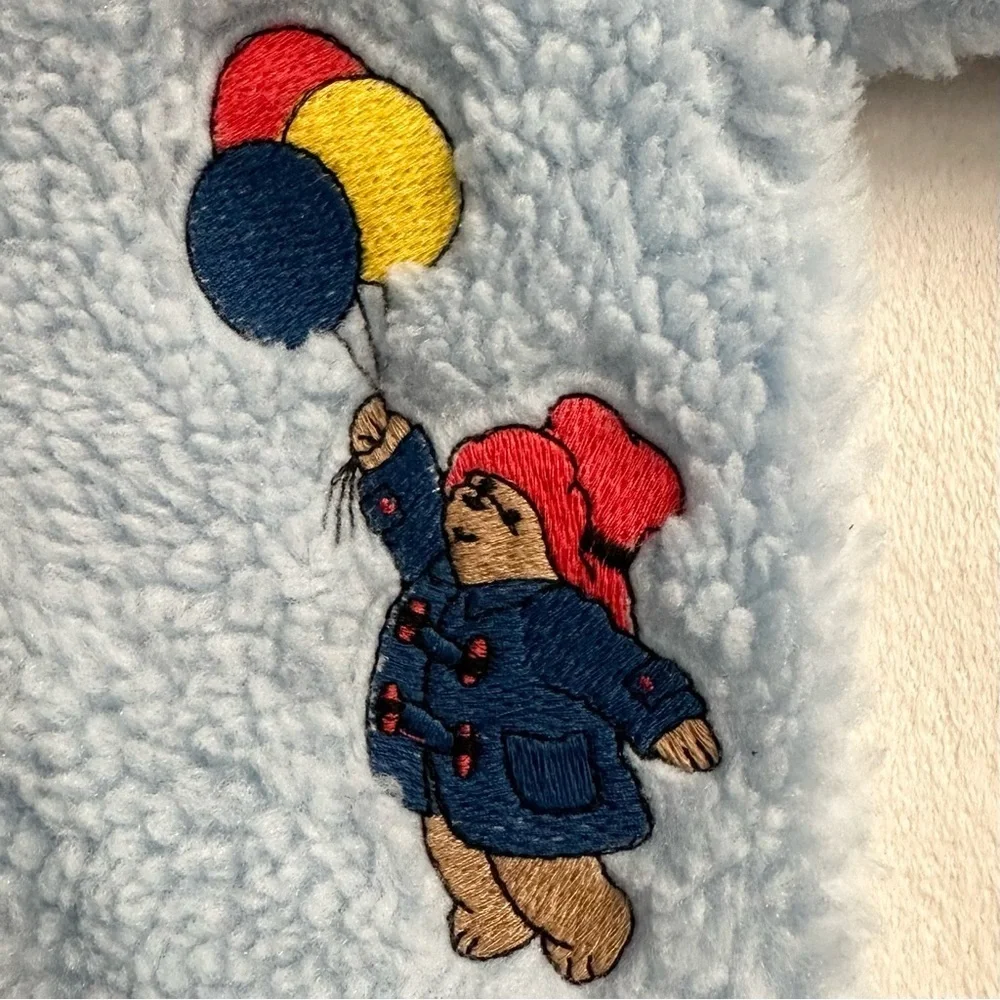 Vtg Paddington Baby Blue Fuzzy Sherpa Hooded Footie Outfit 0-6M bodysuit snow